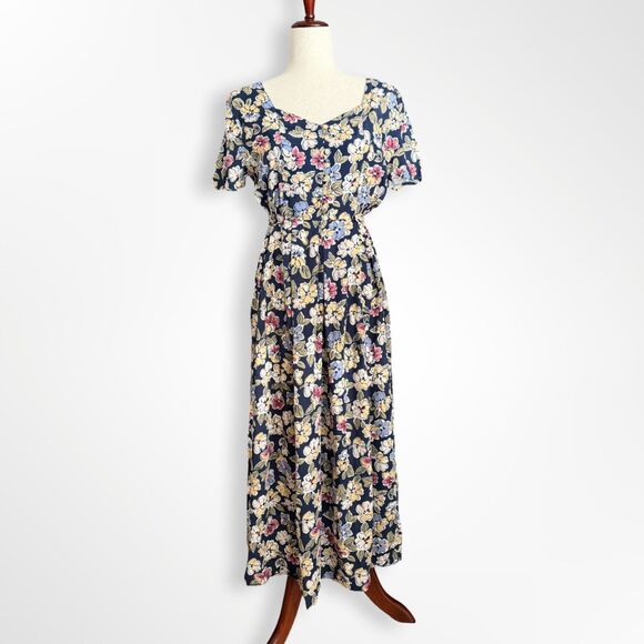 American Vintage Dresses & Skirts - VTG 90s Blue Floral Cap Sleeve Button Front Maxi Dress, S Cottagecore Butter Mom
